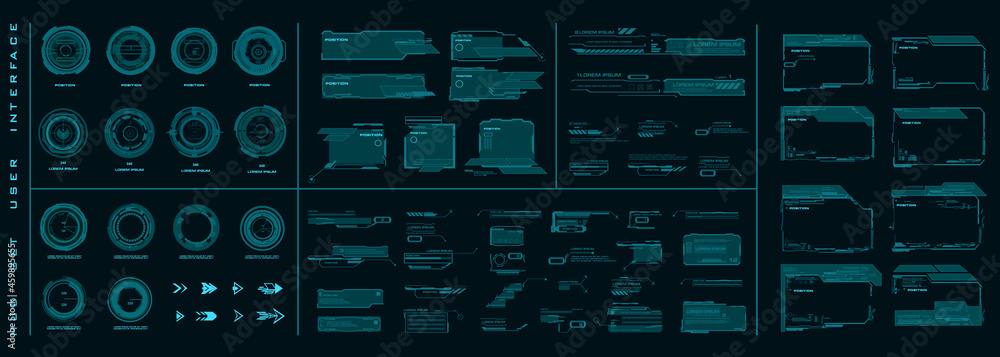Poster big set frames with description and hud data for a personal computer. holographic frames and dialogu