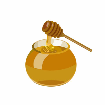 Glass honey jar with special spoon isolated on white background. Cartoon style. Vector illustration.