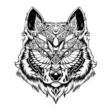 Design black and white hand drawn wolf mecha head illustration