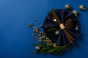 New Year table setting on blue background