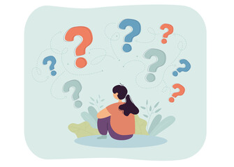 Woman thinking about answer to difficult question. Female person sitting back with question marks overhead flat vector illustration. Hard choice concept for banner, website design or landing web page