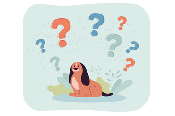 Pensive dog thinking about answer or idea. Confused puppy pet sitting near huge question marks flat vector illustration. Help, communication concept for banner, website design or landing web page
