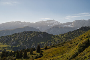 Panorama of sinkholes near Gryden in the Swiss Alps in autumn 