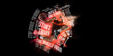 Sportive young man, male basketball player in motion and action with ball isolated on black background with white lettering, graphics and drawings