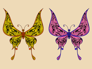 Artwork of two butterfly ornaments with different colors illustration