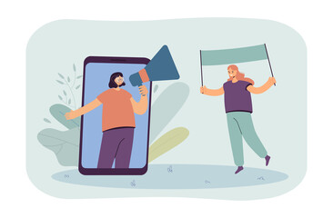 People with megaphone and poster attracting attention. Public message of female speakers flat vector illustration. Social media promotion, announce news concept for website design or landing web page