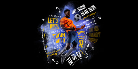 Artwork. Sportive african-american man, male football player in motion and action with ball...