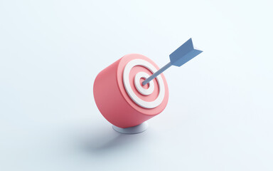 Blue arrow hit the center of target or goal of success. Business target achievement concept, minimal, 3d render.