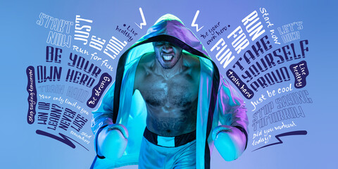 Collage, poster with male sportsman, boxer in boxing gloves in motion and action isolated on blue background with black lettering, graphics and drawings.