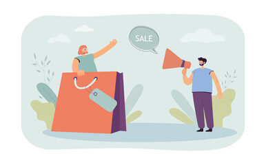 Salesman with megaphone calling customer for sale. Happy tiny woman waving from big bag flat vector illustration. Discount offer, online shopping concept for banner, website design or landing web page