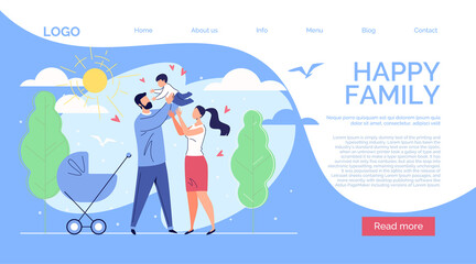 Happy Family: Father, Mother and Baby in the Background of Nature and the Shining Sun. Template Design with Text, Logo, Button. Vector Illustration in Flat Cartoon Style.