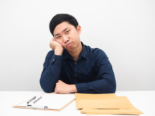 Man sit at workplace feeling bored with work white background