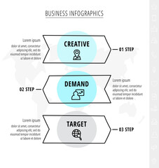 Hand-drawn vector infographics with three arrows. Business timeline template with 3 step by step for diagram, flowchart, banner, presentations, web, content, levels, chart, graphic