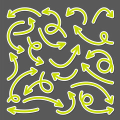 Colorful hand drawn arrow stickers set. Green pointers collection. Simple arrows in different shapes. Direction signs. Vector illustration.