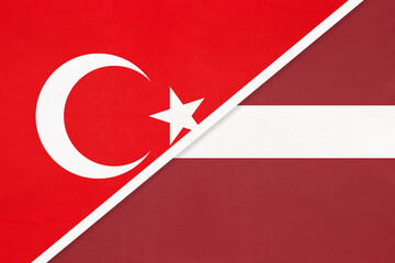 Turkey and Latvia, symbol of country. Turkish vs Latvian national flag