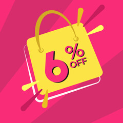 6 percent discount. Pink banner with floating bag for promotions and offers