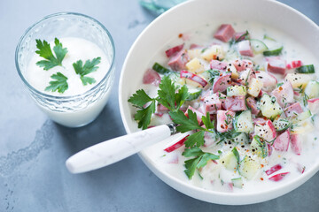 Closeup of okroshka or russian cold soup with kefir, studio shot on a grey concrete background, selective focus