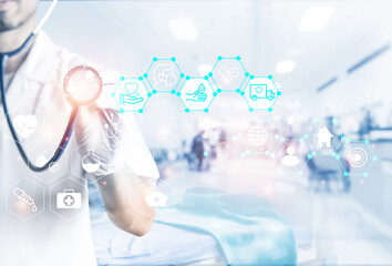 Double exposure Medicine doctor and health care.Health care icon with medical network connection. study,vaccine, rising growth.COVID-19. Photo Medical and technology concept.