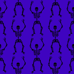 Fototapeta na wymiar Seamless texture with black skeletons dancing and having fun on a purple background.