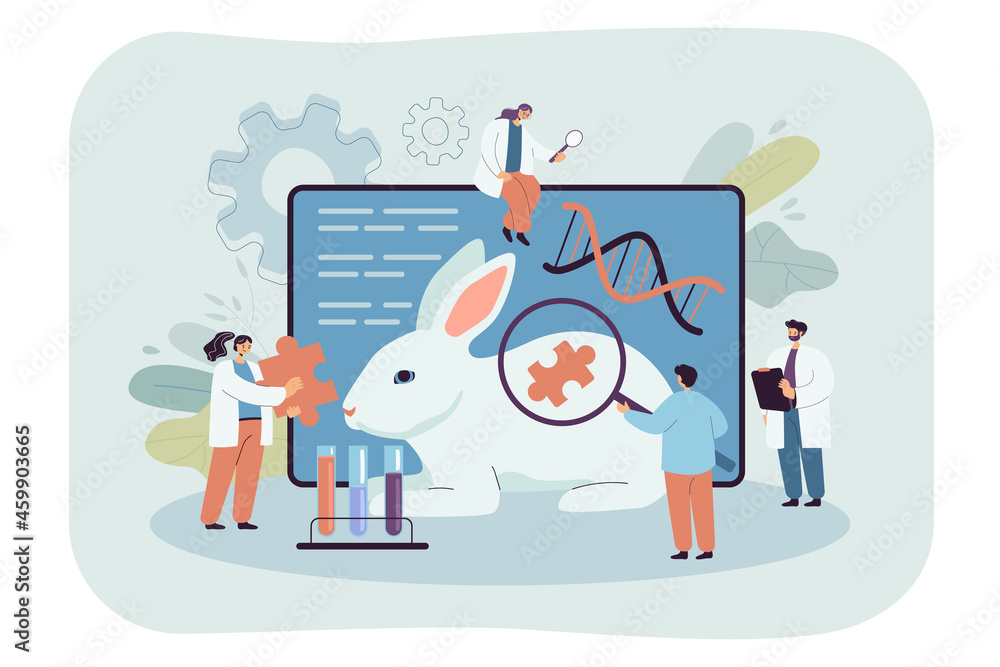 Poster layout with genetically modified rabbit in laboratory. scientists carrying out research on animals f