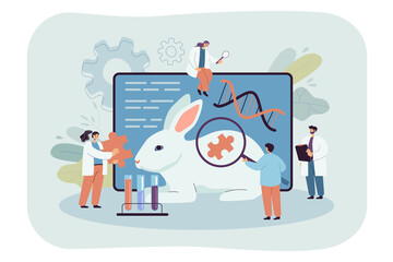 Layout with genetically modified rabbit in laboratory. Scientists carrying out research on animals flat vector illustration. Genetic engineering, biotechnology concept for banner or landing web page