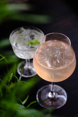 Gin cocktails on a wooden table in a restaurant near window