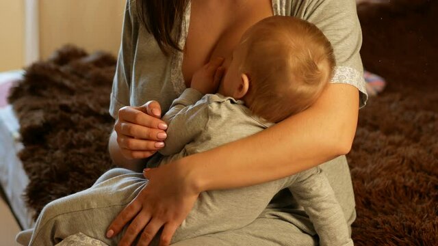 Lactation concept. Young mother breastfeeding her baby on sofa at home