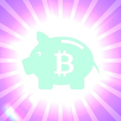 A piggy bank illustration, Bitcoin crypto currency items, money saving related concept art, Retro style sun rays and piggy bank