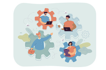 Team of dedicated people putting effort into work. Strong male and female characters inside gears flat vector illustration. Teamwork, cooperation concept for banner, website design or landing web page