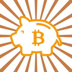 A piggy bank illustration, Bitcoin crypto currency items, money saving related concept art, Retro style sun rays and piggy bank