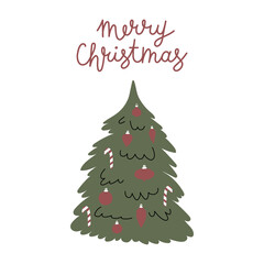 Fototapeta na wymiar Merry Christmas Lettering. Vector hand drawn illustration with decorated christmas tree. Red boubles on a pine tree isolated on white background.