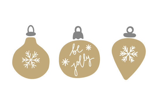 Be Jolly Lettering. Vector illustration set of christmas balls. Hand drawn gold boubles isolated on white background.