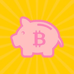 A piggy bank illustration, Bitcoin crypto currency items, money saving related concept art, Retro style sun rays and piggy bank