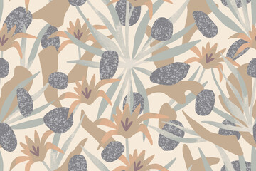 Hand drawn floral seamless pattern. Pastel colored abstract background with plants, stones and abstract shapes. Botanical illustration.
