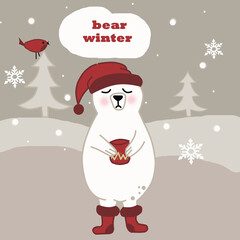 A color composition of a bear and a cup of tea.