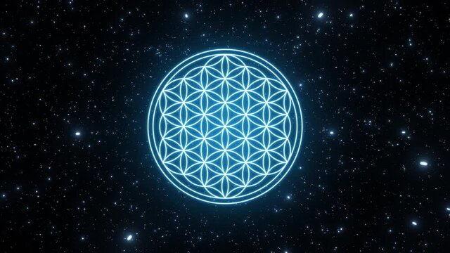 Flower of life symbol in blue color on a background of the universe with moving stars. Looping video