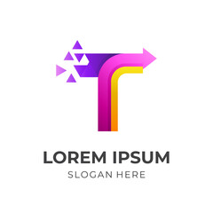 letter T logo with pixel technology design vector