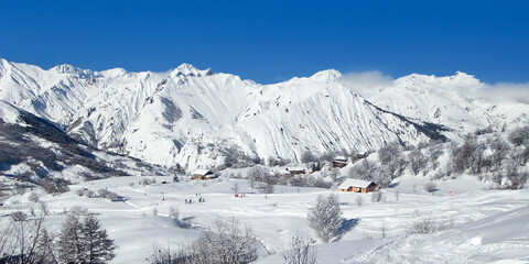 Panorama of Saint Martin de Bellevile, 3 Vallees ski resort in the Alps, France