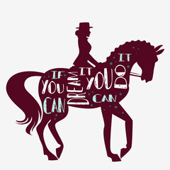 Vector illustration with horse, rider and lettering.