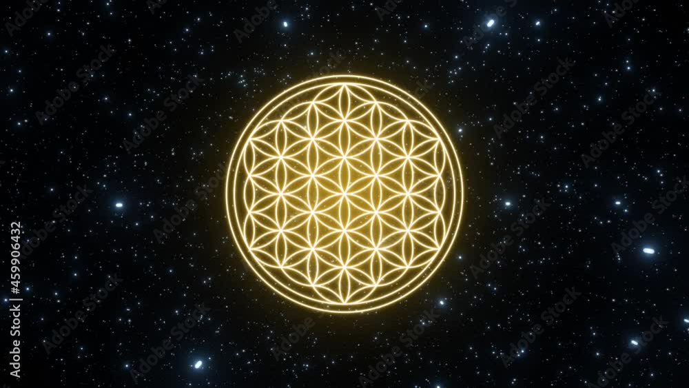 Poster flower of life symbol in yellow color on a background of the universe with moving stars. looping vid