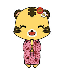 麻の葉文様の着物を着たお祈りをしているトラの女の子のキャラクターのイラスト