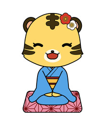 麻の葉文様の座布団に正座で座っているトラの女の子のキャラクターのイラスト