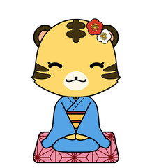 麻の葉文様の座布団に正座で座っているトラの女の子のキャラクターのイラスト