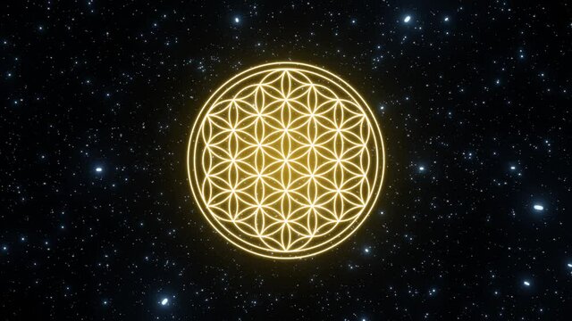 Flower of life symbol in yellow color on a background of the universe with moving stars. Looping video