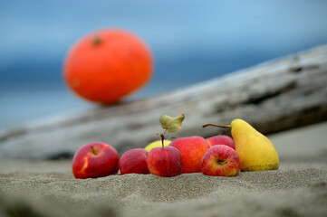 red apple and pumpkin on a wooden table