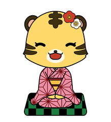 麻の葉文様の着物を着た正座をしているトラの女の子のキャラクターのイラスト