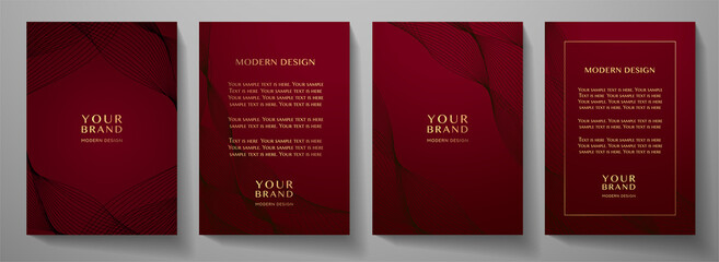 Contemporary technology cover design set. Luxury red background with black line pattern (guilloche curves). Premium vector backdrop for business layout, digital certificate, formal brochure template