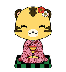 麻の葉文様の着物を着た正座をしているトラの女の子のキャラクターのイラスト