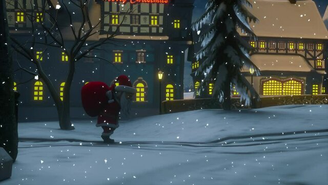 Santa Claus carries a bag with gifts. Merry Christmas and Happy New Year 2022 animation. View of a small town or village on a winter night at Christmas