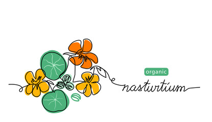 Nasturtium medicinal flower, seeds, leaf one line art drawing. Simple vector line illustration with lettering organic nasturtium
